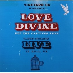 Album cover for 'Love Divine' by Vineyard UK Worship with text and a birdcage illustration on a blue background.