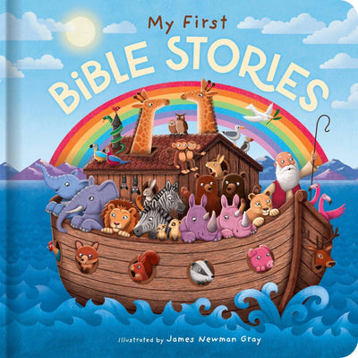 Children's book cover titled 'My First Bible Stories' with Noah's Ark illustration.