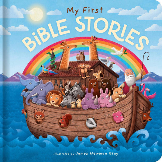 Children's book cover titled 'My First Bible Stories' with Noah's Ark illustration.
