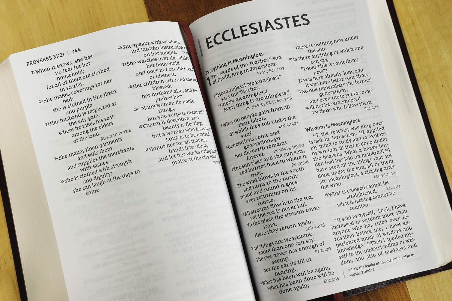 Open book with a focus on the chapter 'Ecclesiastes' on a wooden surface.
