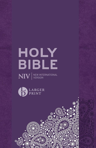 Purple Bible cover with paisley design and 'NIV' branding