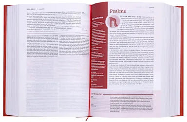 Open book with a red ribbon marker on a white background