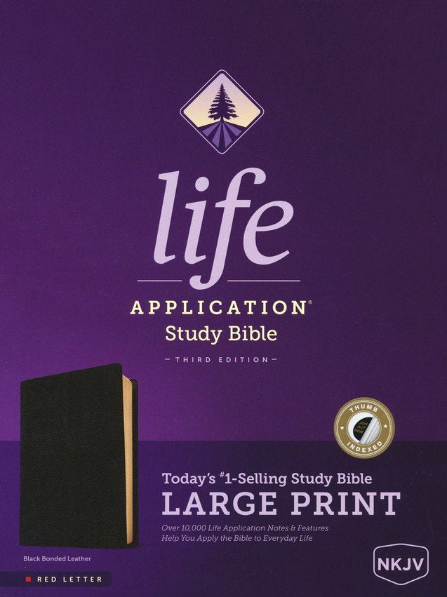 NKJV Life Application Study Bible, Third Edition, Large Print (Red Letter, Bonded Leather, Black, Indexed), Leather, Black, With thumb index
