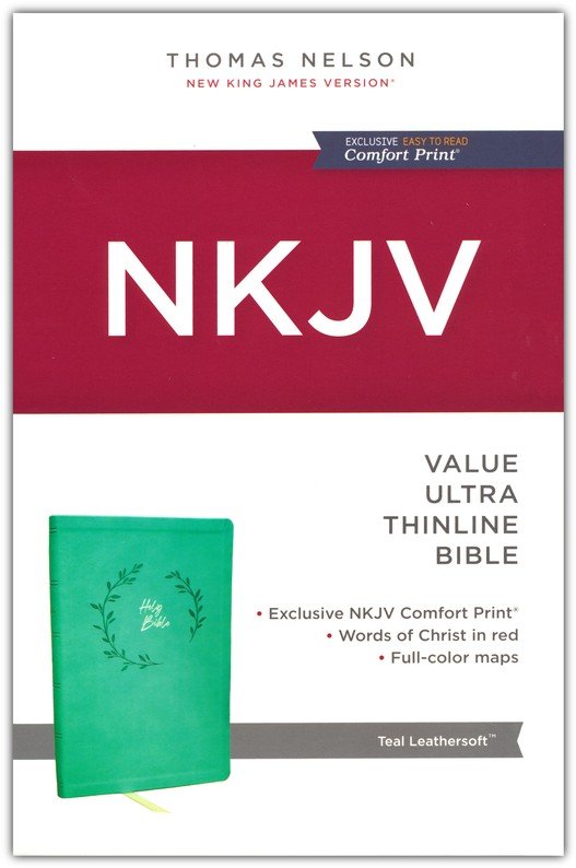 NKJV Value Ultra Thinline Bible with teal leather cover on a white background