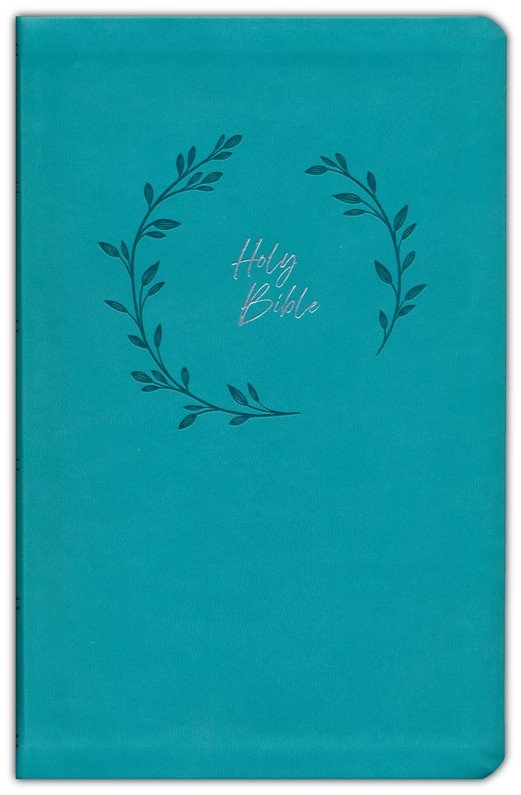 Teal Bible cover with leaf design and 'Holy Bible' text on a teal background