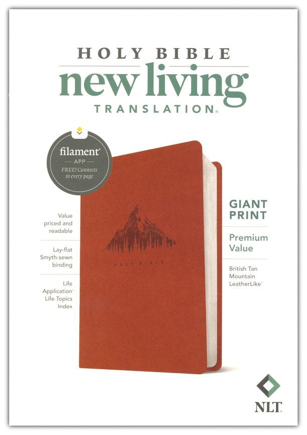 Holy Bible New Living Translation in a red cloth-bound format, shown on a white background with product text and a black circular 'filament' badge.