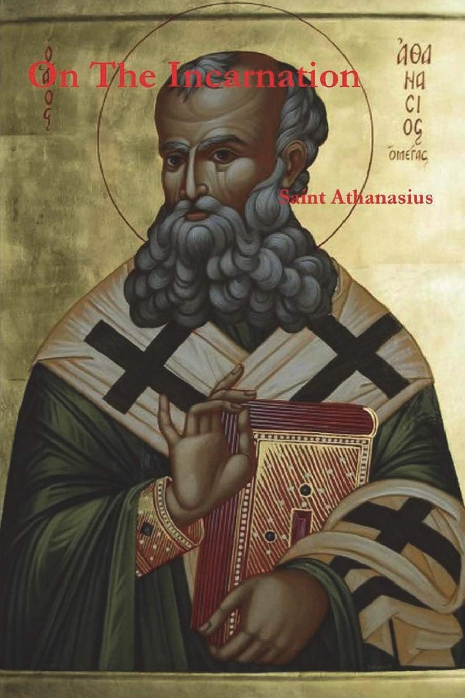 Icon of a bearded religious figure holding a book, with text 'On The Incarnation' and 'Saint Athanasius' above.