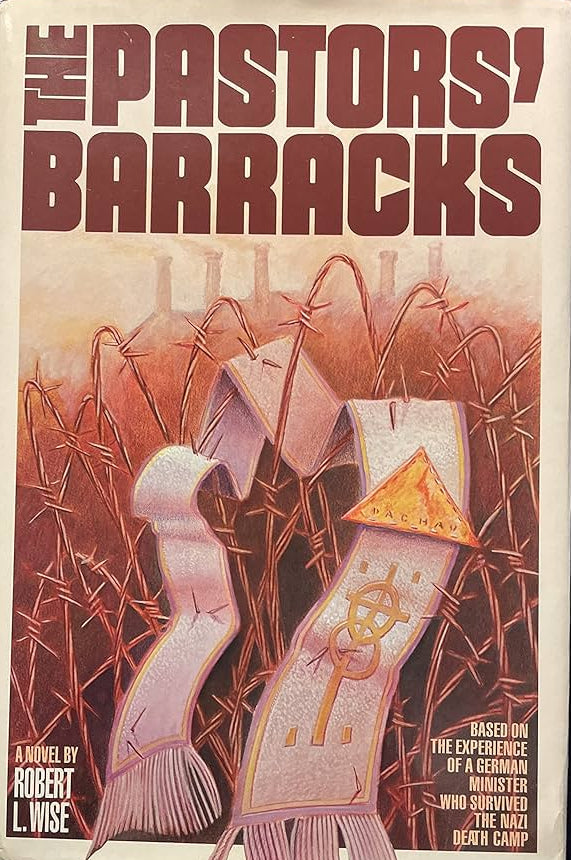 Book cover of 'The Pastors' Barracks' with barbed wire and religious symbols on a blue background