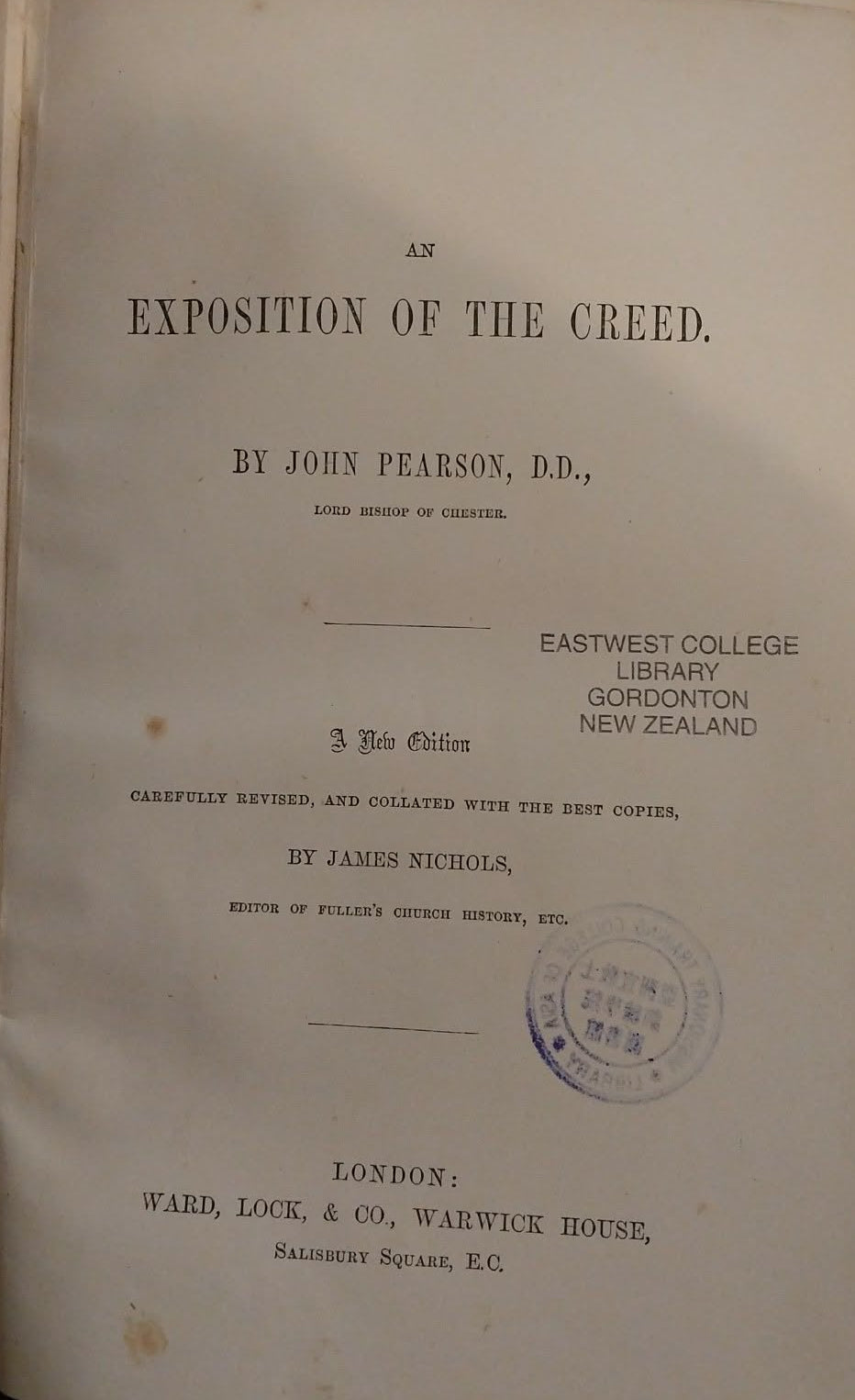 Title page of a book titled 'An Exposition of the Creed' by John Pearson, D.D., with a stamp on the page.