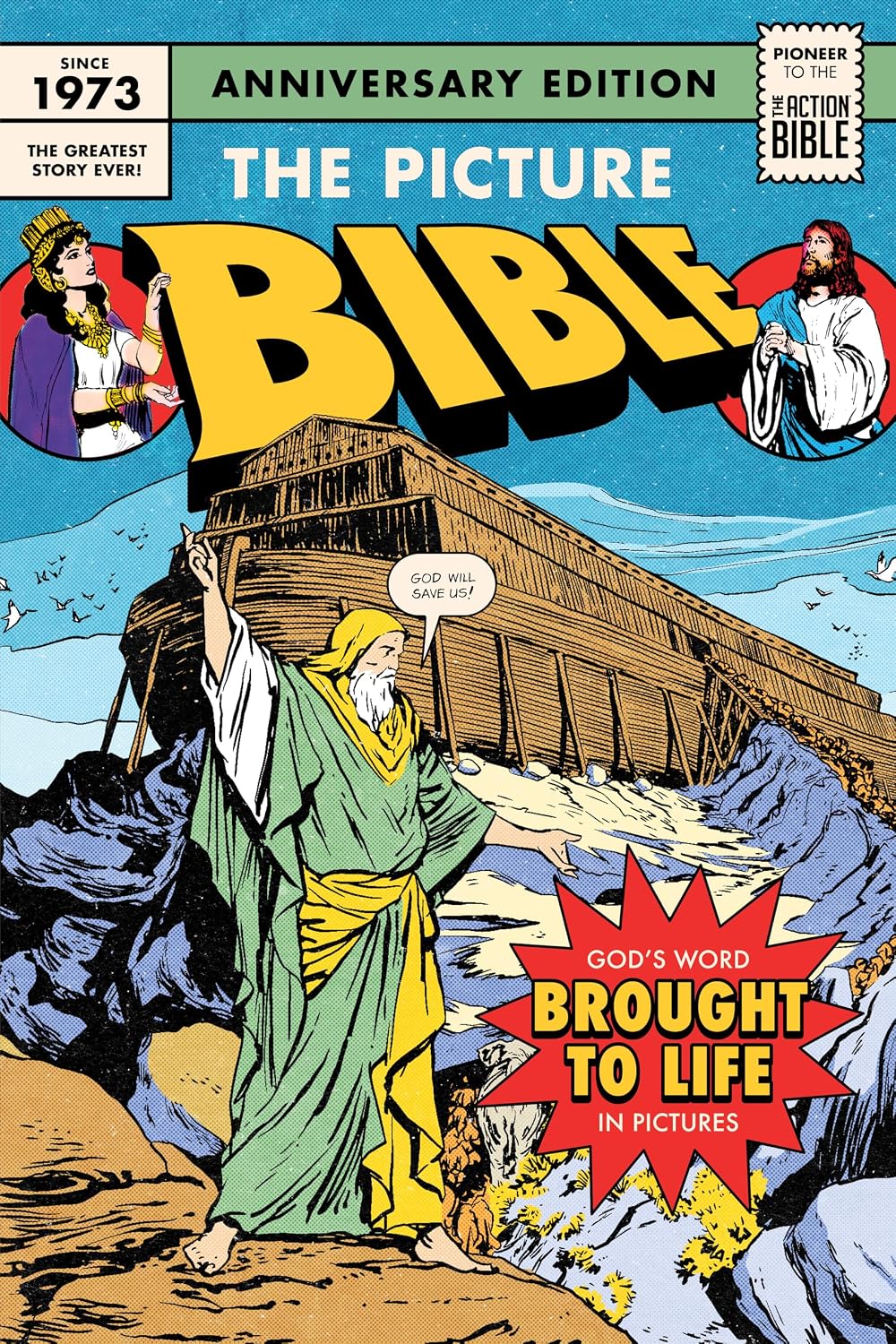 Comic book cover of 'The Picture Bible' with Noah and the ark, featuring text about its anniversary edition.
