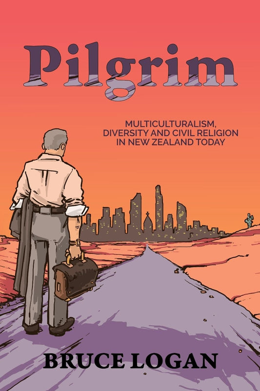 Book cover of 'Pilgrim' by Bruce Logan with a stylized illustration of a person walking towards a cityscape.
