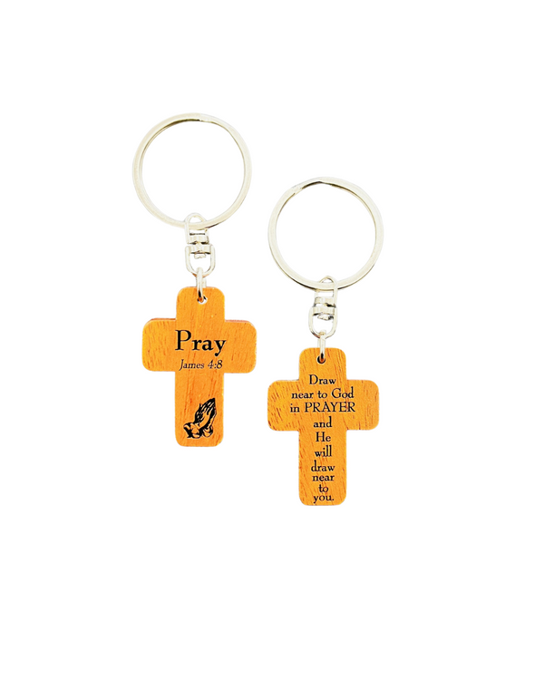 Wooden Keyring: Pray Mahogany Cross