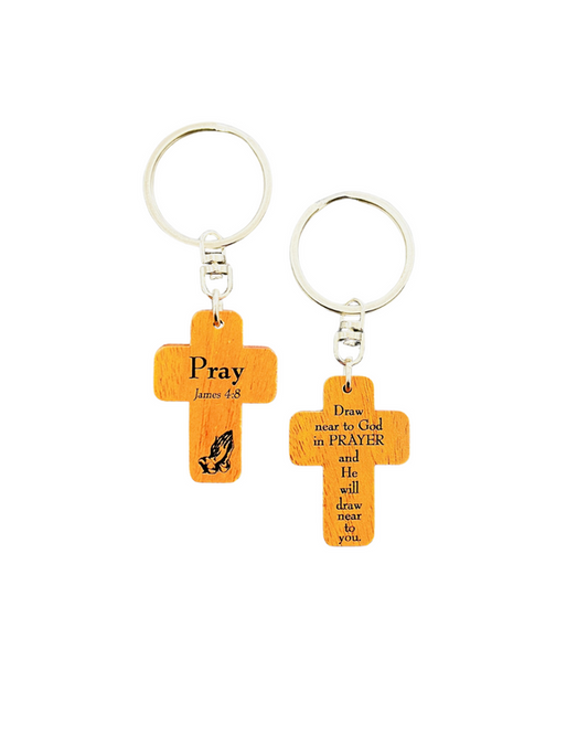 Wooden Keyring: Pray Mahogany Cross
