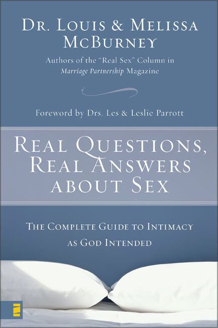 Book cover of 'Real Questions, Real Answers about Sex' by Dr. Louis & Melissa McBurney with a blue background and white text.