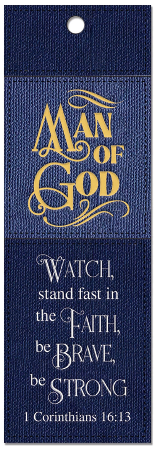Blue bookmark with yellow and white text on a white background