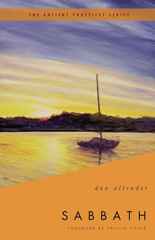 Book cover for 'Sabbath' by Dan Allender, featuring a painted sunset scene with a small sailboat on calm water, with the title and author text on an orange lower section.