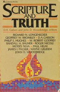 A vintage book cover for 'Scripture and Truth' with a tan background, large black title text, and a colorful mosaic-style illustration at the bottom.