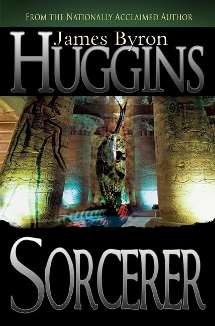 Book cover of 'Sorcerer' by James Byron Huggins with Egyptian temple design