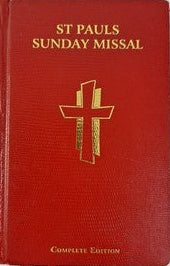 A red St. Paul's Sunday Missal book with gold lettering and a gold cross emblem on the front cover, photographed against a light off-white background.