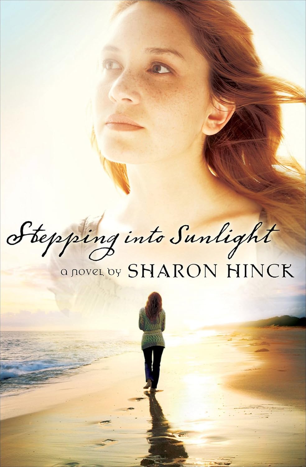 Book cover for 'Stepping into Sunlight' by Sharon Hinck, featuring a close-up portrait of a woman with red hair against a bright sunlit sky, with a smaller figure standing on a beach at the bottom and the title text across the center.