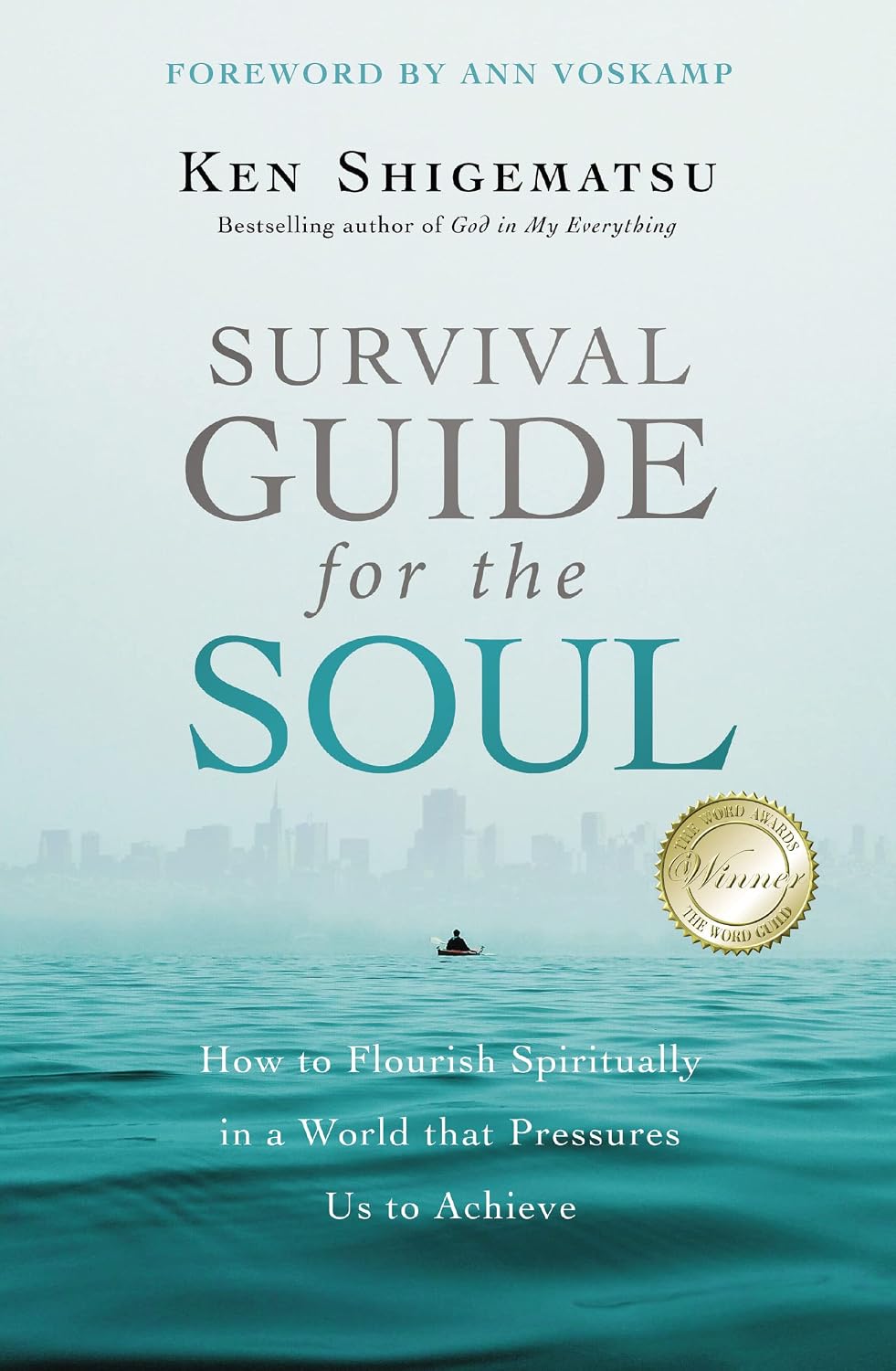 Book cover for 'Survival Guide for the Soul' by Ken Shigematsu, featuring a serene teal and blue seascape with a small boat and a gold award seal on a pale background.