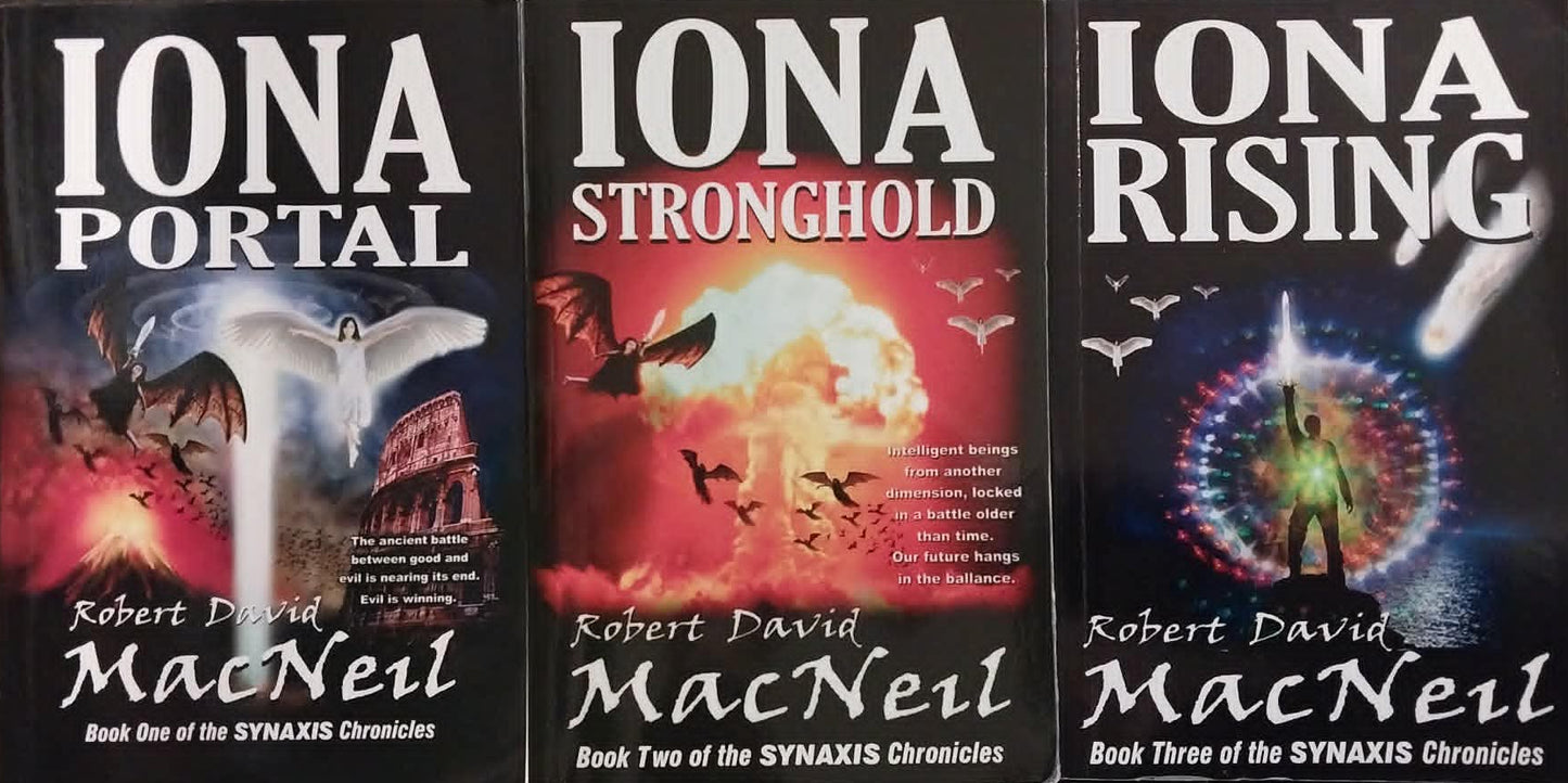 Three books by Robert David MacNeil titled 'Iona Portal', 'Iona Stronghold', and 'Iona Rising' on a dark surface.