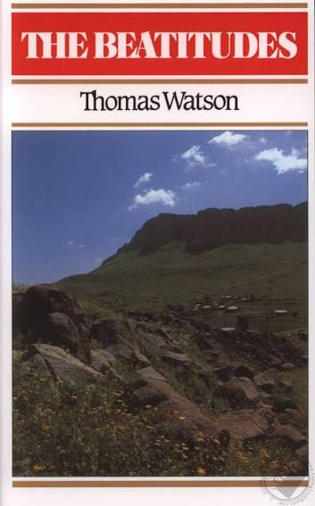 Book cover of 'The Beatitudes' by Thomas Watson, featuring a red title banner at the top and a landscape photograph of a rocky hillside under a blue sky.