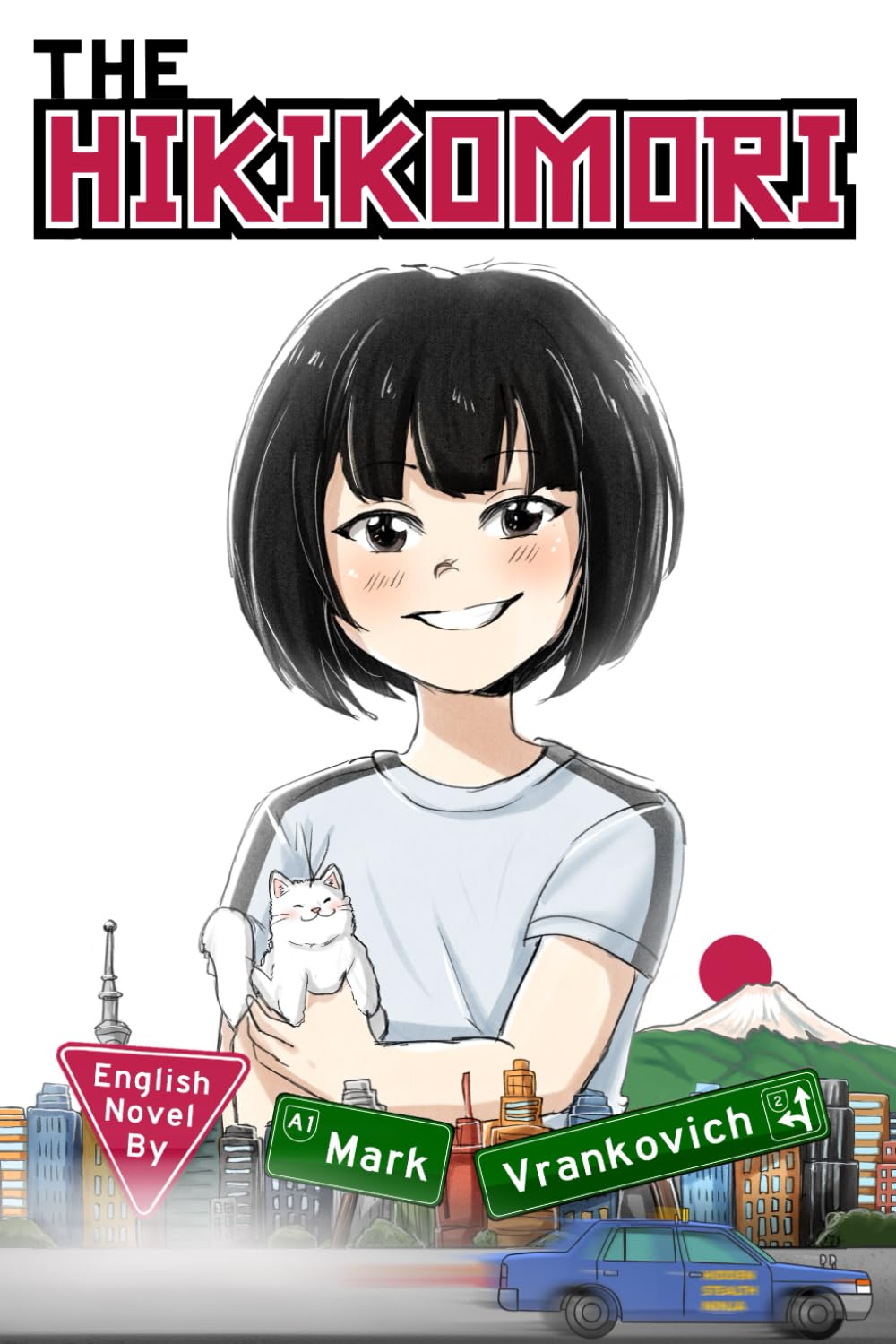Book cover of 'The Hikikomori' with a character holding a cat and cityscape background.