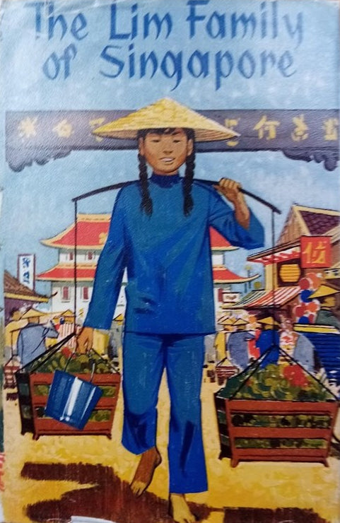 Book cover titled 'The Lim Family of Singapore' featuring a person in traditional attire with a market scene.