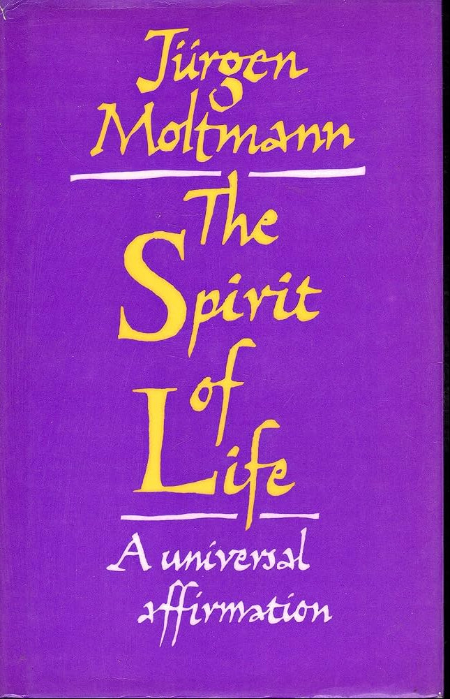 Book cover of 'The Spirit of Life' by Jurgen Moltmann with purple background and yellow text.