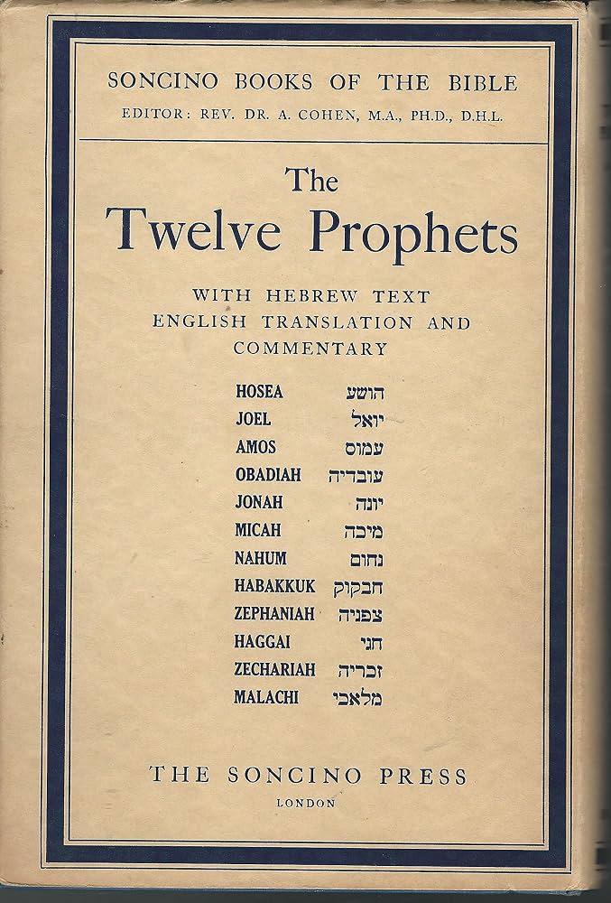 Book cover of 'The Twelve Prophets' with Hebrew text, English translation, and commentary by Soncino Press.