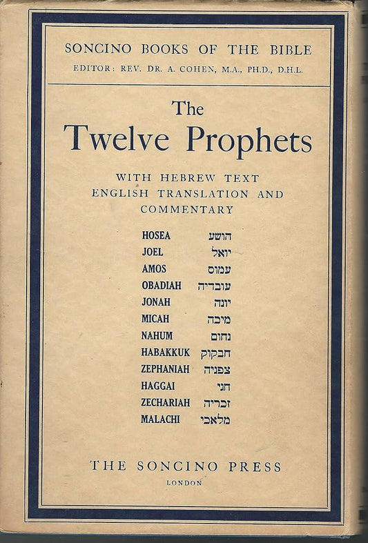 Book cover of 'The Twelve Prophets' with Hebrew text, English translation, and commentary by Soncino Press.