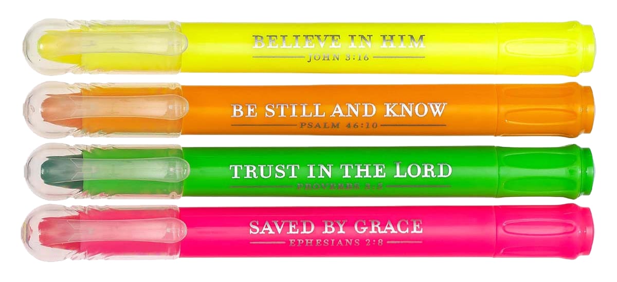 Set of four highlighters with motivational phrases on a white background