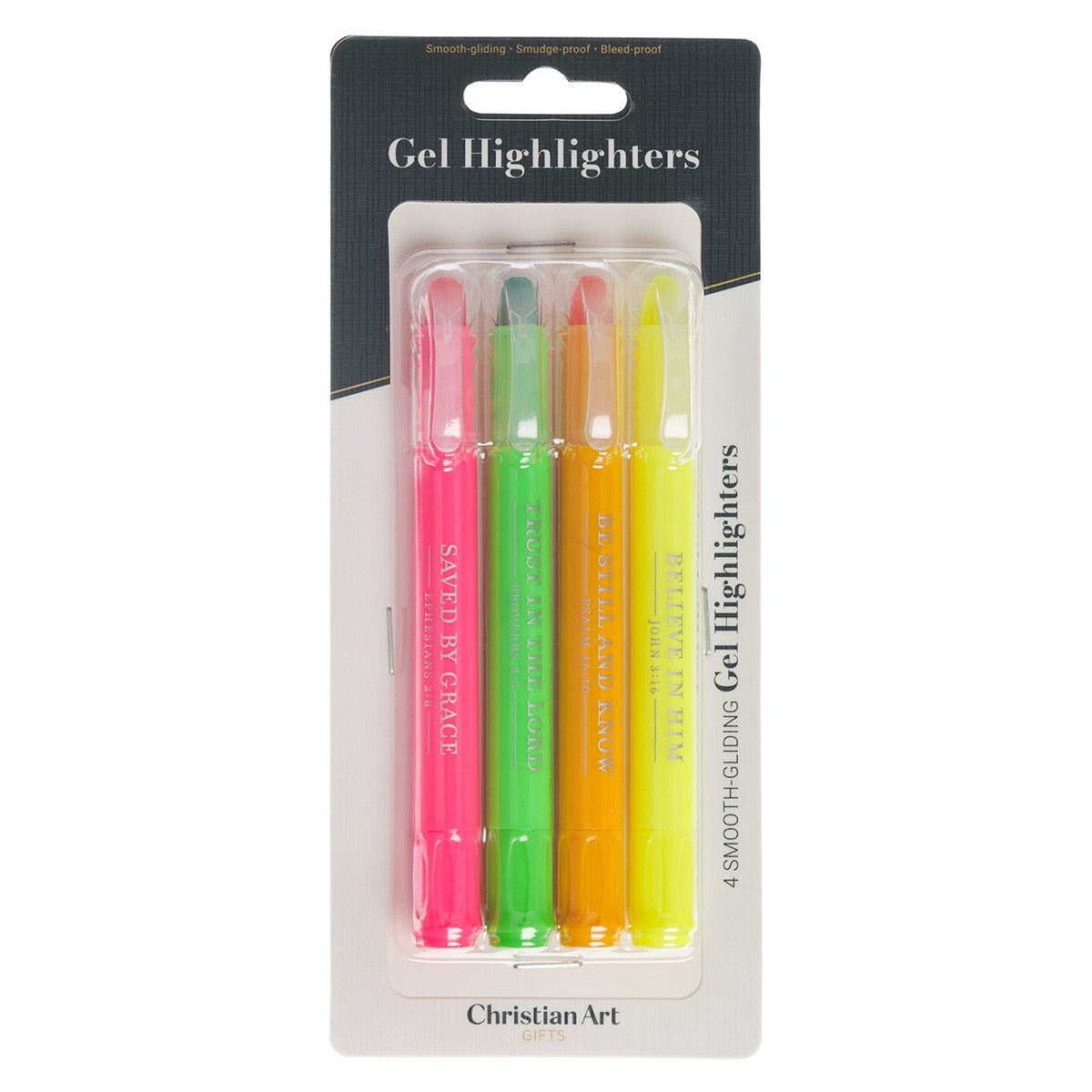 Pack of gel highlighters with colorful markers and 'Christian Art' branding on a white background.