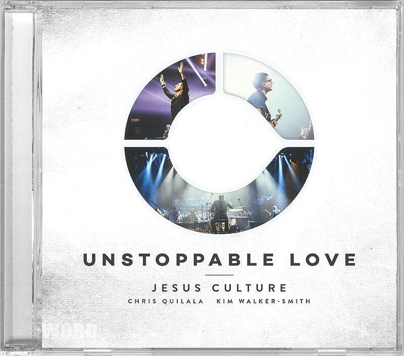 CD cover for 'Unstoppable Love' by Jesus Culture, featuring a circular collage of live concert images on a textured white background.