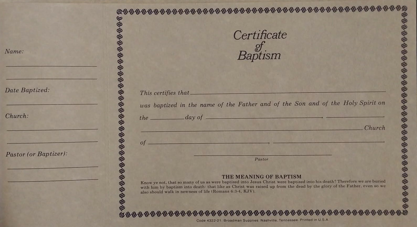 Baptism certificate with text and decorative elements on a plain background