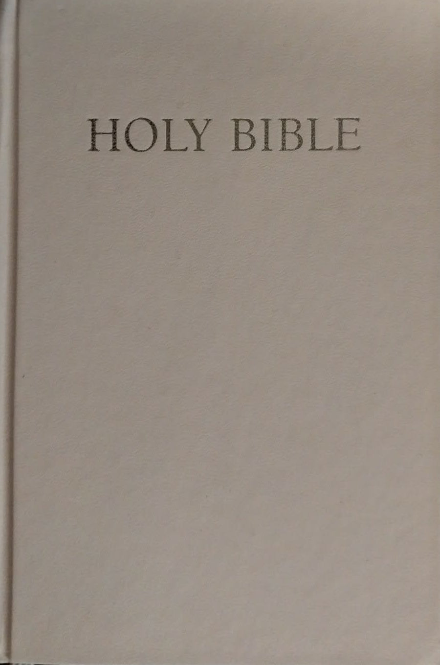 A classic Holy Bible with a plain off-white cover and the words 'HOLY BIBLE' printed in black serif text at the top, shown against a dark background.