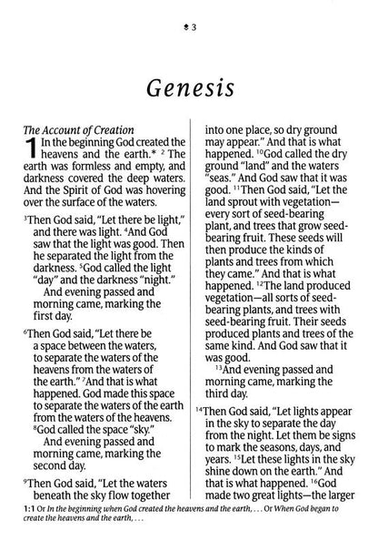 A printed page from a book or booklet showing the biblical text of Genesis with the title 'Genesis' at the top and two columns of scripture text below.