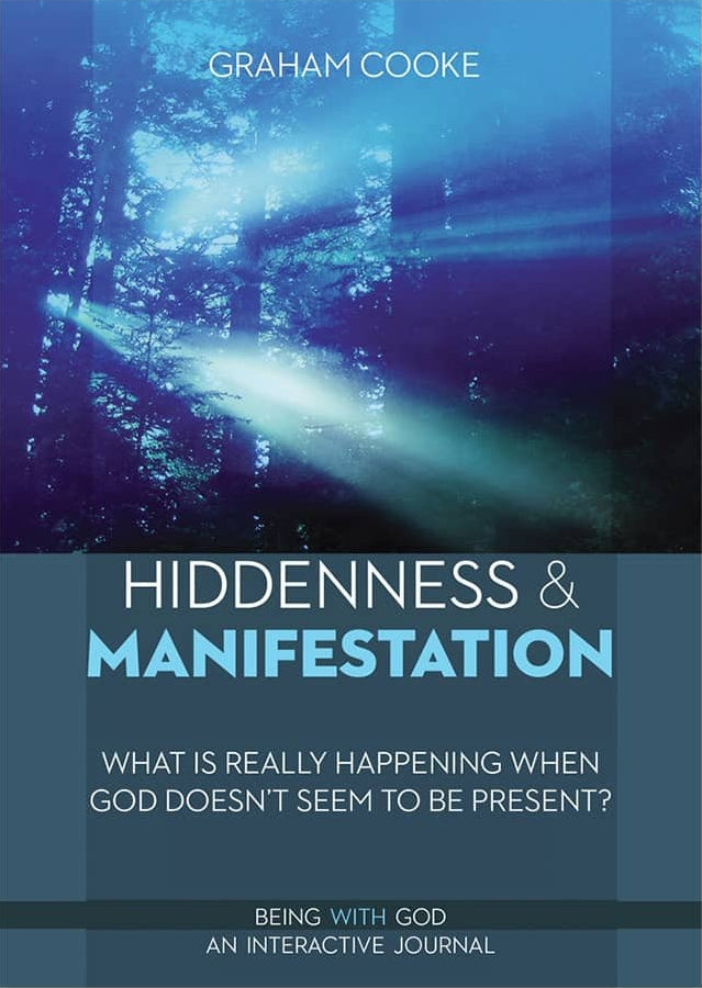 Book cover for 'HIDDENNESS & MANIFESTATION' by Graham Cooke, featuring a blue-toned forest scene with light rays on the upper half and dark teal text panels on the lower half.