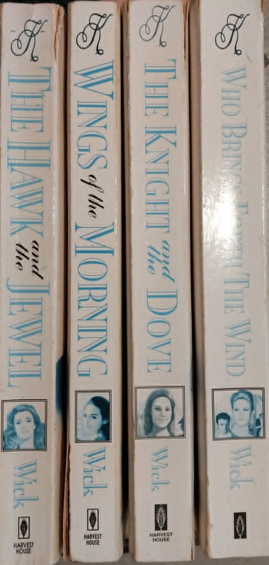Four books from a series titled 'The Knight and the Dove' on a metallic surface.