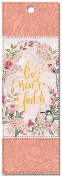 Love Never Fails, Pink Floral Faux Leather Bookmark