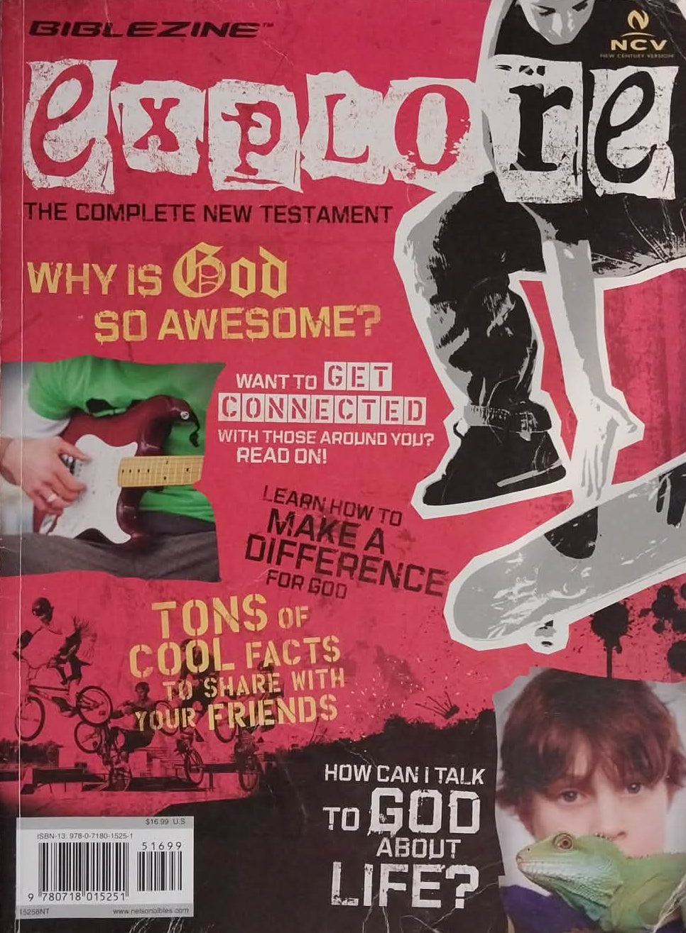 Bible Zine Explore magazine cover, issue 12, featuring a bold pink and red design with the title 'explore' in large white letters, a skateboarder graphic, and several article teasers including 'Why is God so awesome?' and 'How can I talk to God about life?'.