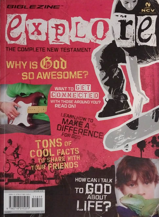 Bible Zine Explore magazine cover, issue 12, featuring a bold pink and red design with the title 'explore' in large white letters, a skateboarder graphic, and several article teasers including 'Why is God so awesome?' and 'How can I talk to God about life?'.
