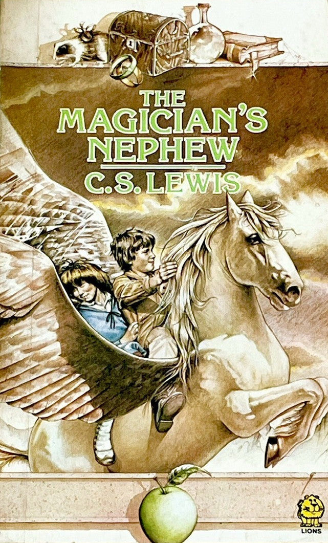 Book cover of 'The Magician's Nephew' by C.S. Lewis on a light blue background with flowers.