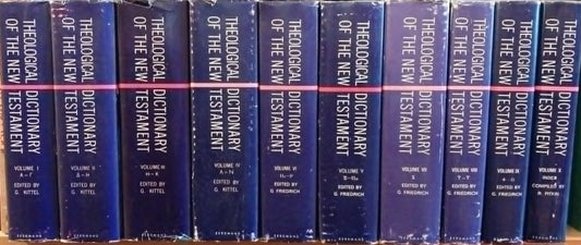 Row of blue books titled 'Theological Dictionary of the New Testament' on a shelf.