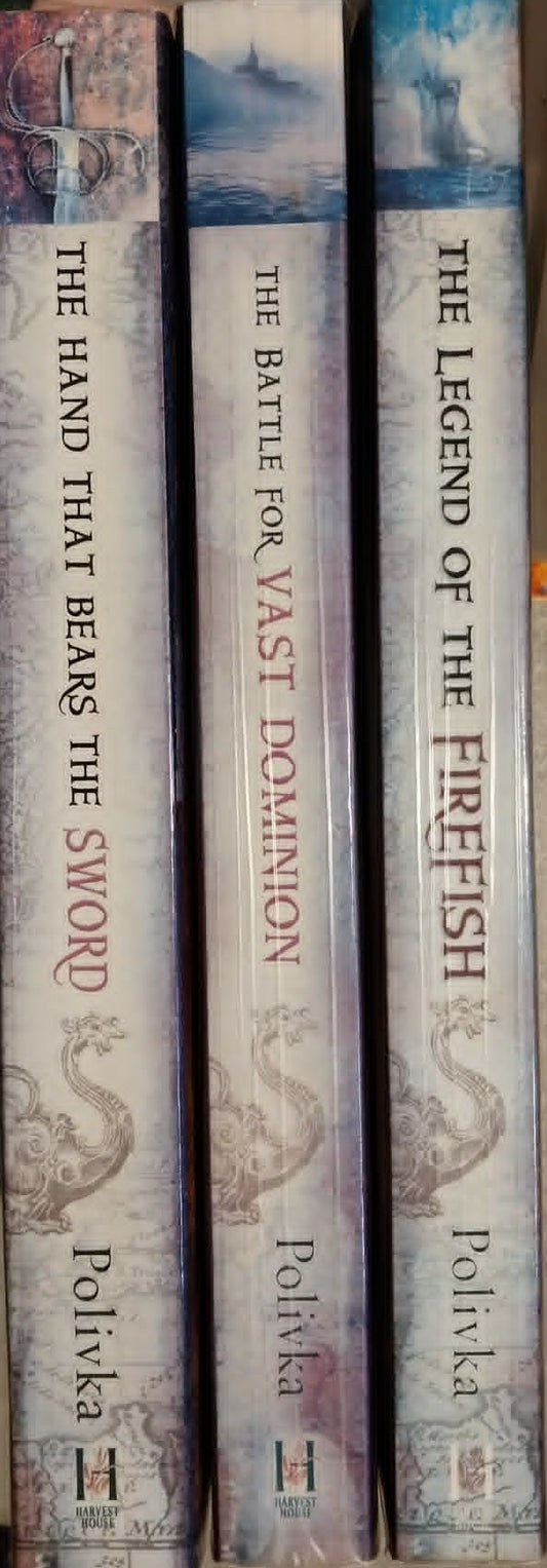 Three books titled 'The Hand That Bears the Sword', 'The Battle for Vast Dominion', and 'The Legend of the Firefish' by Poluva on a metallic surface.