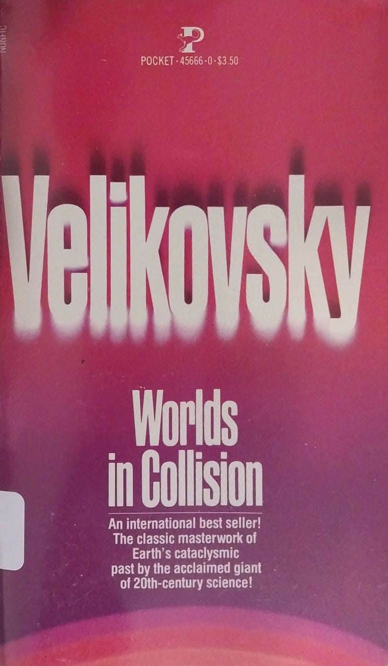 Book cover of 'Worlds in Collision' by I. T. Velikovsky on a dark background